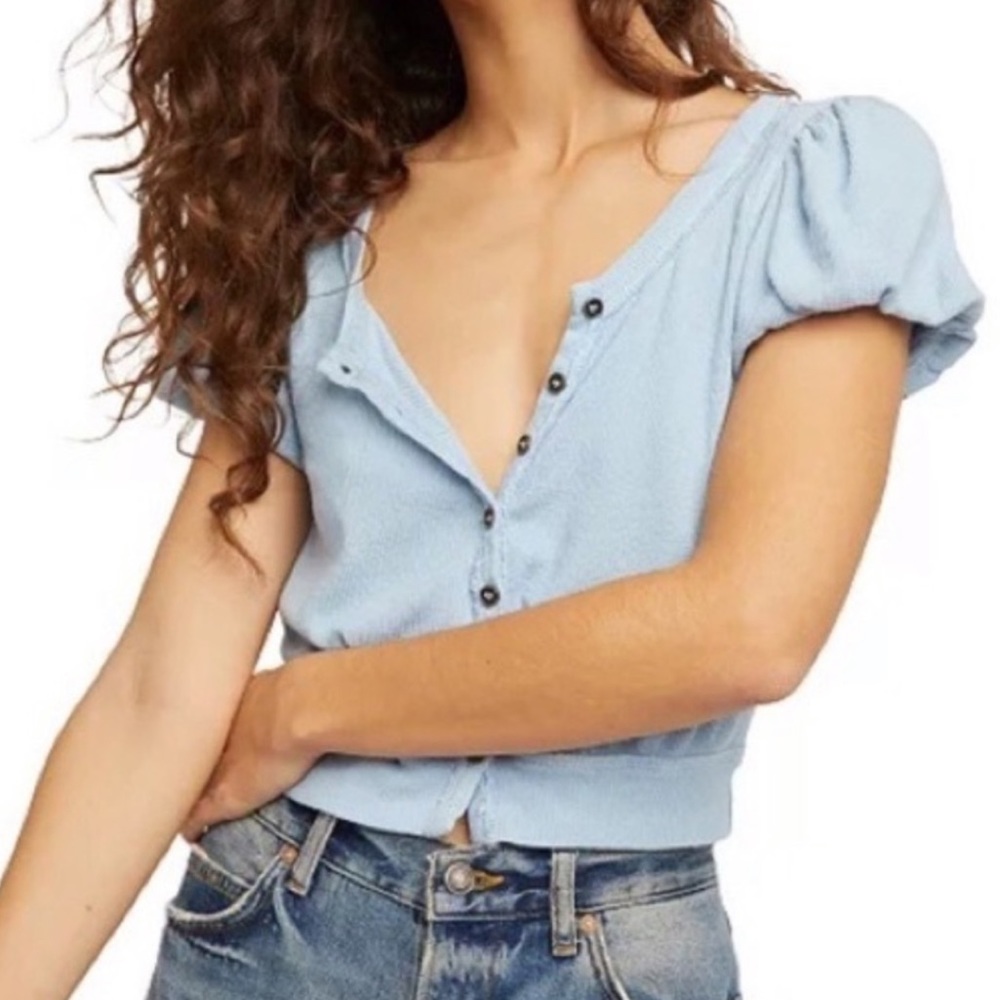 NWT Free People Ribbed Puff Sleeve Blue Crop Top Size Small